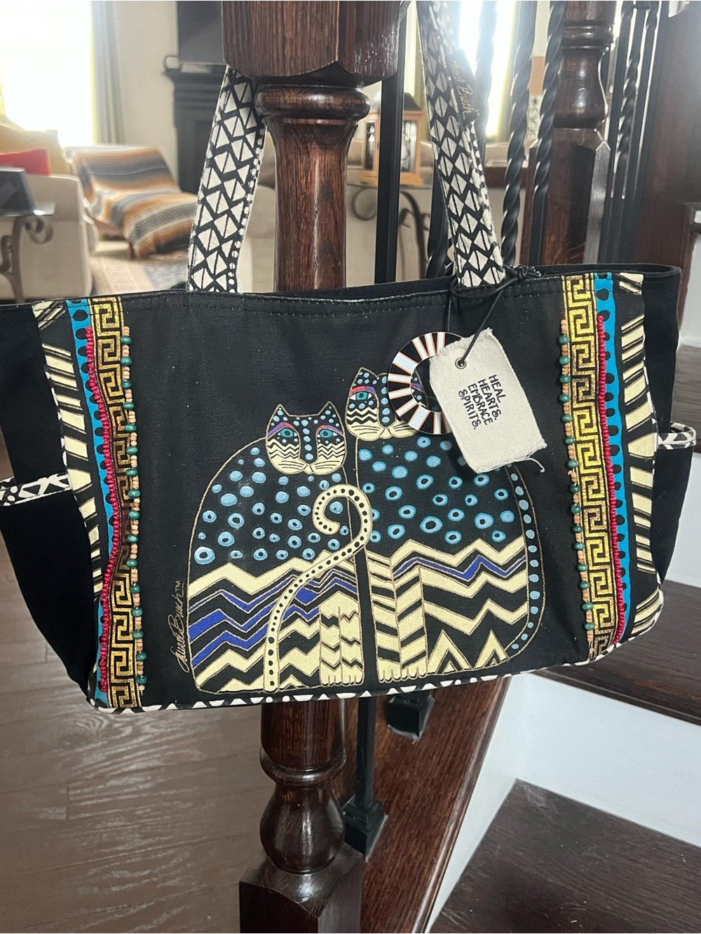 Black Tribal Cat Canvas Tote Bag with Blue & Cream Accents